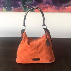 SOLD!!!Vintage Guess hobo hippie bag rust orange suede with brown leather pre-l…